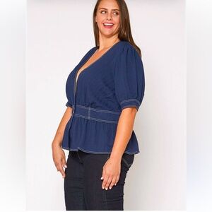 NURODE Plus‎ Size Puff Shoulder
Button Front Peplum Top